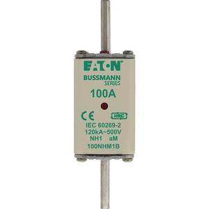 A current-limiting NH fuse insert from Eaton Bussmann Series, 100A, suitable for 500V and short-circuit current up to 120kA.