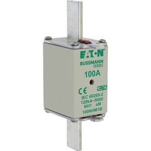 Eaton Bussmann Series fuse with '100A' marking. Suitable for NH1 fuse systems, compliant with IEC 60269-2 standard.