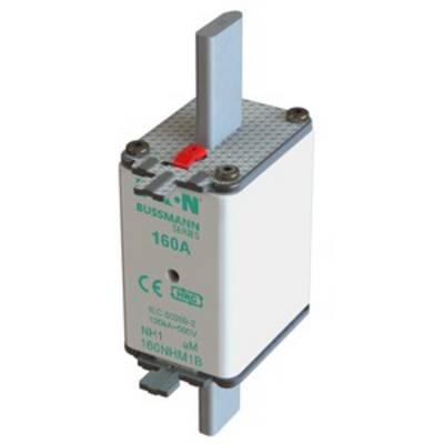 Tapered fuse insert with '160A' inscription on top and manufacturer name 'Bussmann Series' underneath, CE-marked.