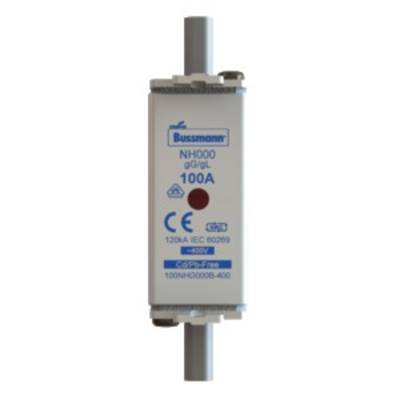 A white NH fuse link with 'Bussmann' and '100A' inscription. Suitable for 400V, in accordance with IEC 60269 standard.