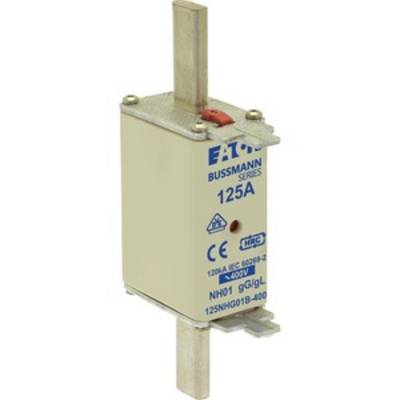 A Bussmann NH fuse, 125A, with metallic contacts and markings, for use in electrical systems.