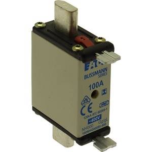 'Fuse 100A by Bussmann, Type NH-200, 400V. Rectangular shape with three metal contacts and CE certification.'