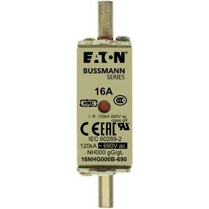 'Fuse marked 16A, brand name 'Eaton' visible. Rated for 690V AC and 120kA, with CE and MRC certifications.'