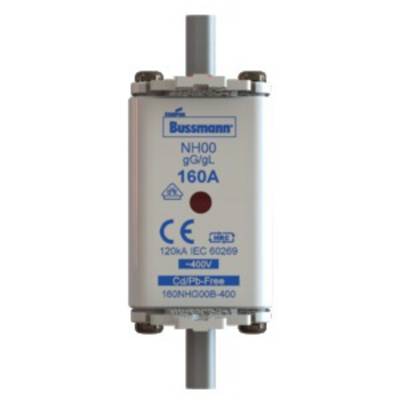 A white Bussmann NH00 fuse with the marking '160A' and '400V', suitable for electrical applications.
