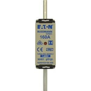 NH0 fuse by Eaton, 160A, 400V, with HRC marking. Beige label with technical specifications and logos.