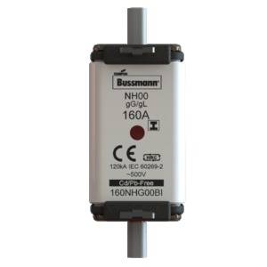 An electrical NH fuse by Bussmann, type NH00 gG/gL, with a rated current of 160A and 500V, in accordance with IEC 60269-2 standard.