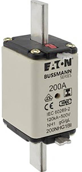 Eaton Bussmann Series fuse, 200A, 500V, with metal contacts top and bottom, for electrical protection applications.