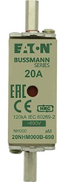 'Eaton Bussmann Series Fuse, 20A, 120kA, IEC 60269-2, 690V Voltage, Model 20NHM000B-690.'