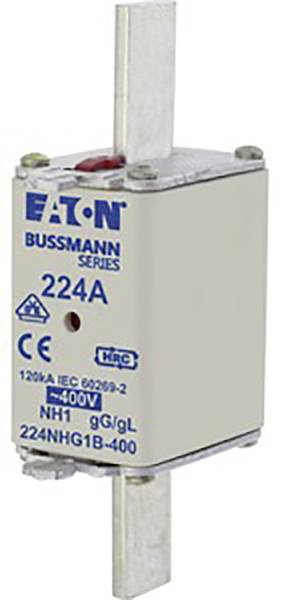 An electric fuse of type 'EATON BUSSMANN 224A', NH1, 400V. It has a white body with blue markings.