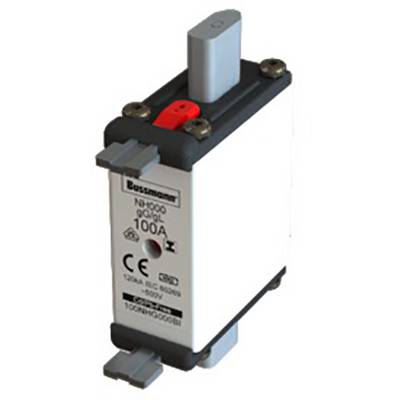 A 100A electrical fuse insert, NH000 size, by Bussmann, with red and grey components.