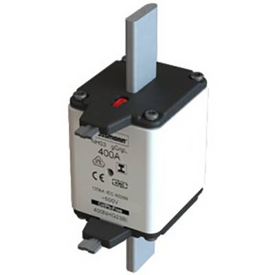 Industrial fuse with marking '400A'. Rectangular grey housing with metal contacts at the top and bottom. Used for overcurrent protection.