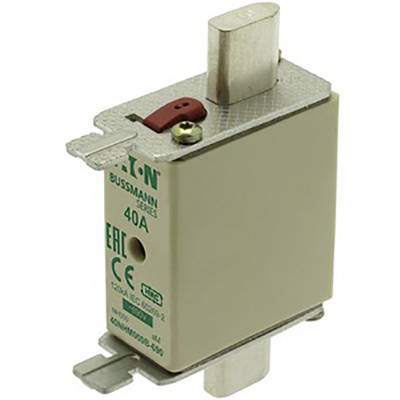 40A fuse with metallic contacts and green print 'EATON, BUSSMANN'.