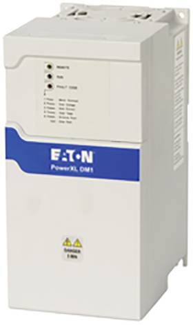 A white Eaton PowerXL DM1 frequency inverter with blue labelling; displaying input/output status LEDs on the front panel.