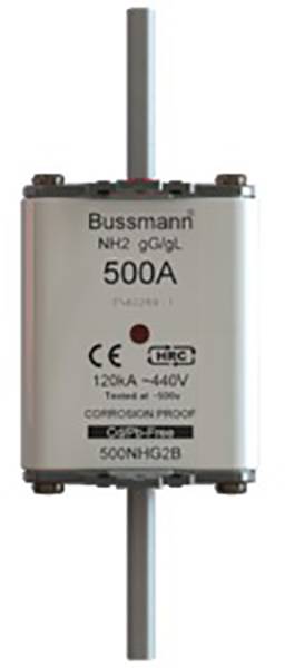 A Bussmann NH fuse with 500A, suitable for voltages from 120V to 440V. The fuse is corrosion-resistant.