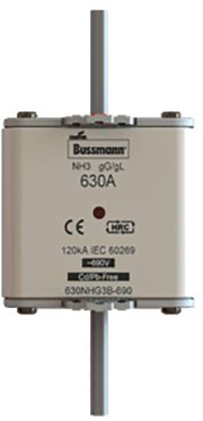 NH3 Industrial Safety Fuse, gG/gL, 630A, by Bussmann. Label displays CE and RoHS marks, standard IEC 60269. Suitable for 120kA.
