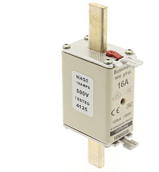 A fuse with the marking 'NHGO 16AMPS 500V', rated current 16A, voltage 500V, tested, shows the design and brand identification.