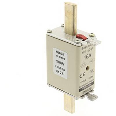 A fuse with the marking 'NHGO 16AMPS 500V', rated current 16A, voltage 500V, tested, shows the design and brand identification.