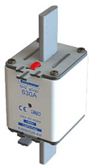 Circuit breaker with label 'NH2 T40' and '630A', blue and red markings, manufacturer's logo at the top, suitable for 1250V.