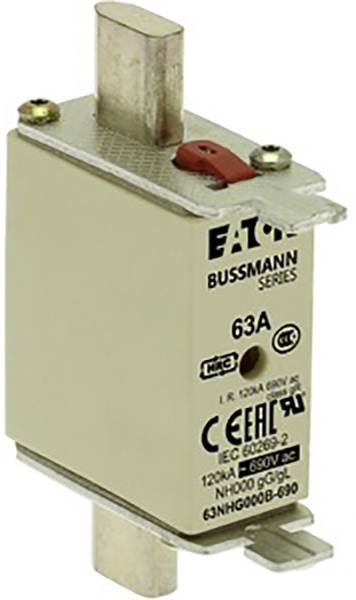 Electrical NH fuse insert by Eaton, Bussmann series. Marking shows 63A, 120kA 500V AC, IEC 60269-2 Standard.
