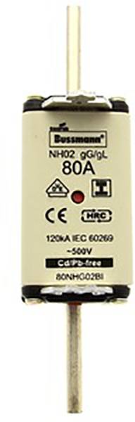 White cylindrical NH fuse 80A with imprint 'D 80A 500V', CE marking and manufacturer logo, metal contacts at top and bottom.