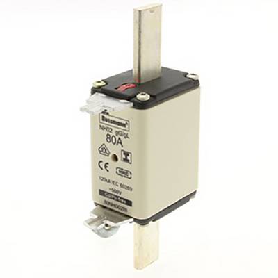 'NH2 80A 500V fuse, NH00 original, Bussmann, with CE and UKCA marking, vertical contacts top and bottom, housing in beige.'
