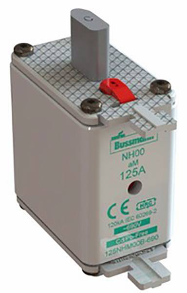 Fuse with inscription 'NH00 125A'. Square design in white with a red lever and green markings.