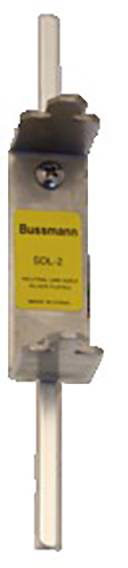 A narrow, grey fuse holder with a yellow label reading 'Bussmann'.