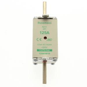 Fuse with the marking 'Bussmann 125A'. Suitable for 500V, CE certified.