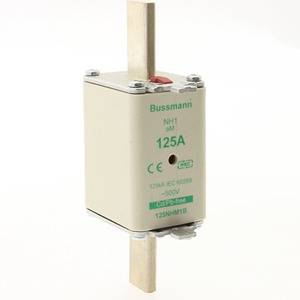 A rectangular Bussmann fuse with a capacity of 125A and IEC marking, suitable for up to 690V.