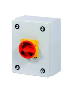 A red emergency stop switch on a rectangular, grey housing. The switch is securely mounted and easily accessible.