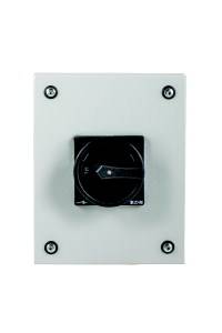 A black rotary switch on a rectangular metal plate with screws at the corners.