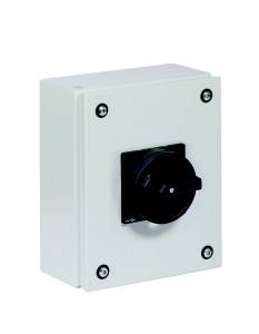 White electrical switchbox with a black rotary switch on the front and four visible screws in the corners.
