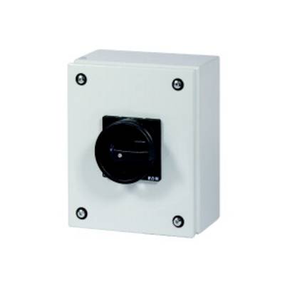Electrical switchboard with a black rotary switch in the centre, mounted on a rectangular white box.