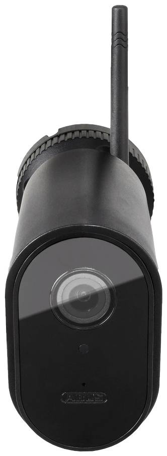 A black security camera with an antenna facing forward. It has a compact cylindrical design.