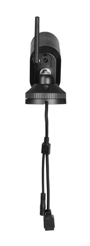 A black security camera with an antenna and cables hanging down. Suitable for outdoor surveillance purposes.