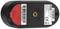 Underside of a black, rectangular electronic device with red and black stickers and technical specifications.