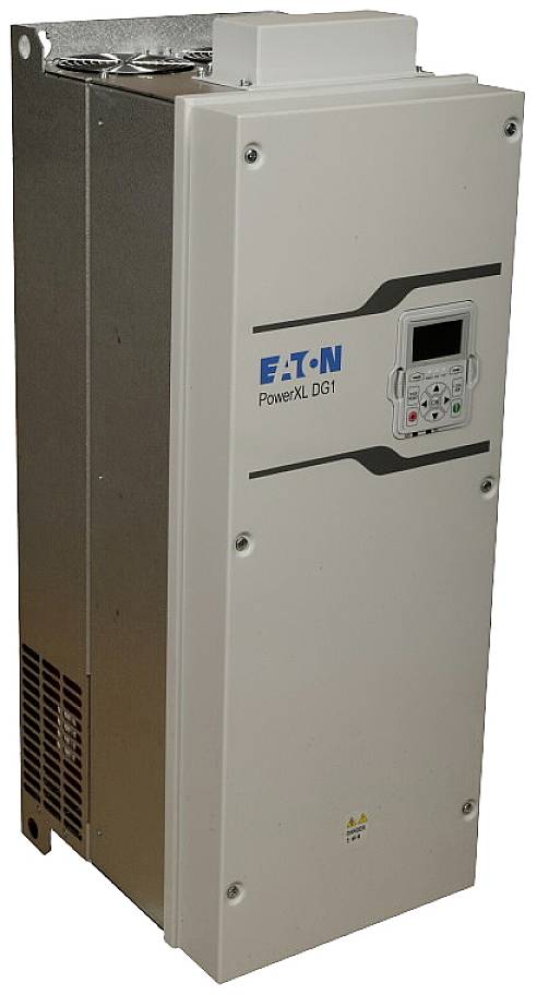 A grey Eaton PowerXL DG1 frequency inverter with a digital display and control panel for managing electrical motors.