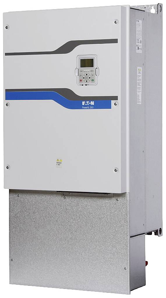 A white electrical control cabinet with a blue stripe and control panel, 'Eaton' brand, mounted on the wall.