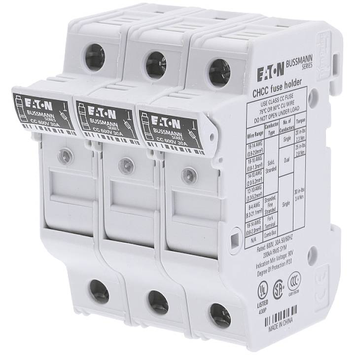 Three-pole fuse holder 'Eaton CHCC' for Class CC fuses, for protecting electrical circuits, with CE marking.