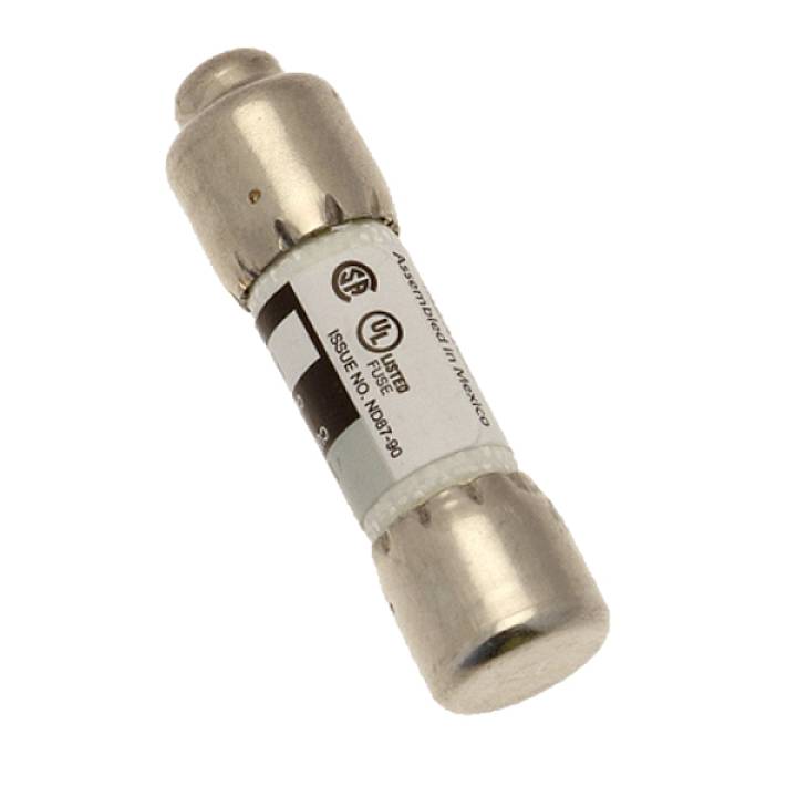 Pictured is a cylindrical electrical fuse with metal caps at both ends. It bears various test marks and serial numbers.