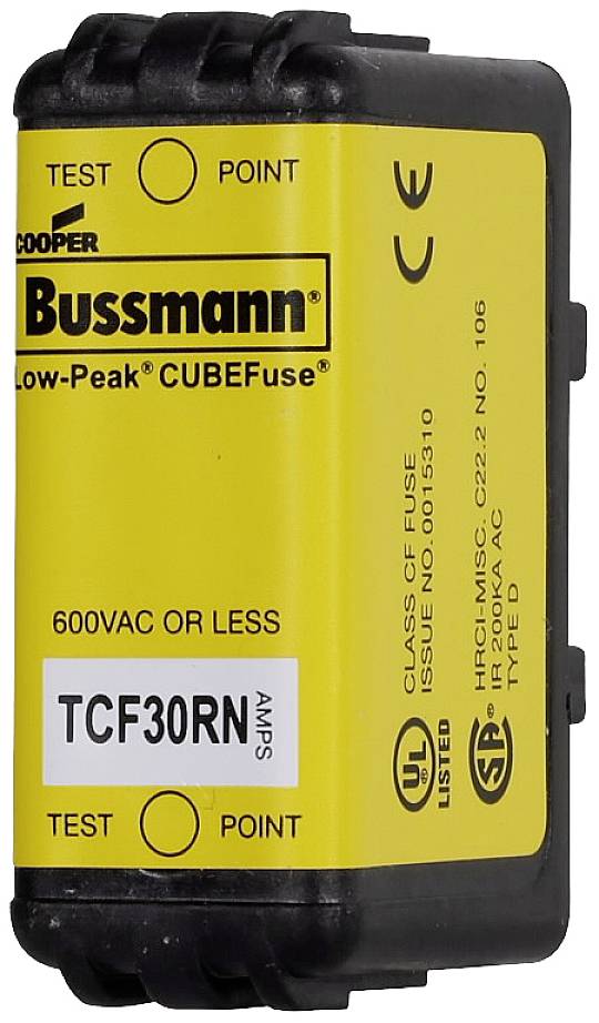 A yellow low-voltage Bussmann Cubefuse fuse element with the inscription 'TCF30RN 30A 600VAC or less'. CE and UL marks are visible.