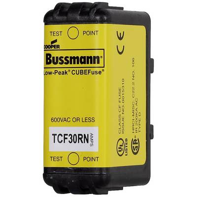 A yellow low-voltage Bussmann Cubefuse fuse element with the inscription 'TCF30RN 30A 600VAC or less'. CE and UL marks are visible.