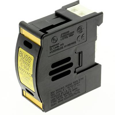 A black electrical fuse holder with a yellow label, marked with 'Buss', rated for 600 volts AC and 30 amperes.