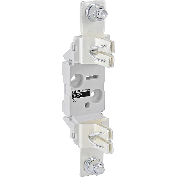 A white fuse holder with metallic contacts and screw terminals. Designed for electrical installations, CE-certified.