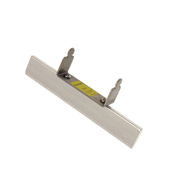 A silver, metallic hinge with two protruding fixing points, commonly used on furniture or doors.