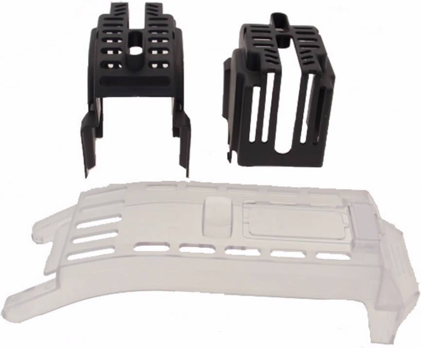 Two black plastic clips and a transparent cover, possibly components for a technical or mechanical use.