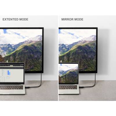 Image shows two screen modes: On the left, 'Extended Mode' with laptop monitors displaying different content, on the right, 'Mirror Mode' with identical content.