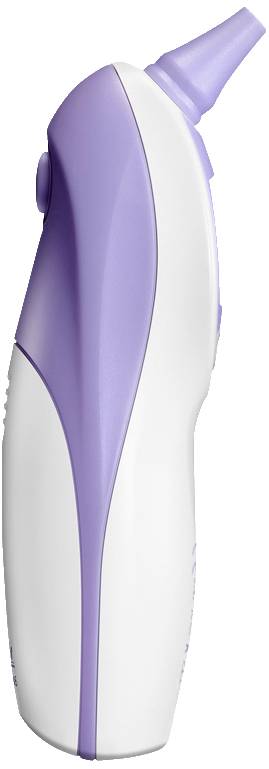 A white and purple ear thermometer with an angled tip, photographed from the side. Ideal for quick temperature measurement.