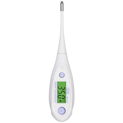 Digital thermometer with green display showing a temperature of 36.6°C. White casing with control buttons.