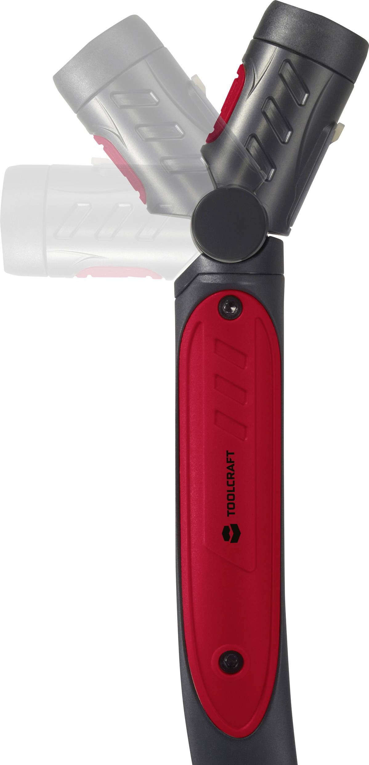 An adjustable hammer with a red handle and black head. The head is shown positioned at multiple angles.